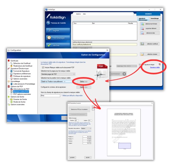 Panneaux de configuration des paramètres de signature visible intégrée