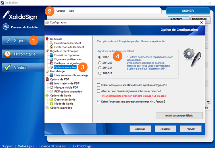 Image avec les étapes pour configurer l'algorithme SHA-1