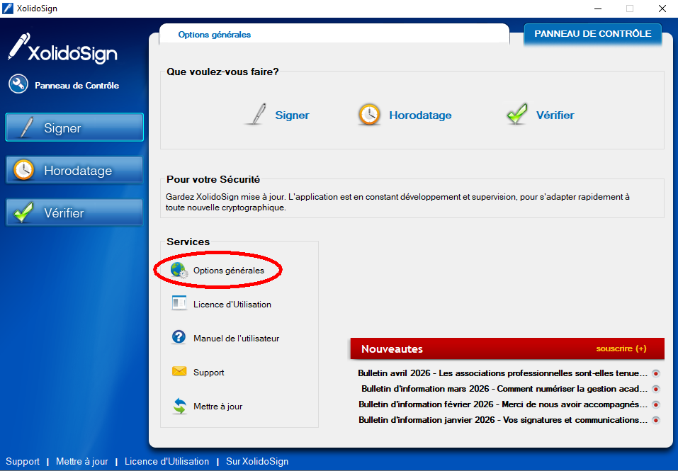 Écran d’accueil XolidoSign Desktop - Options globales