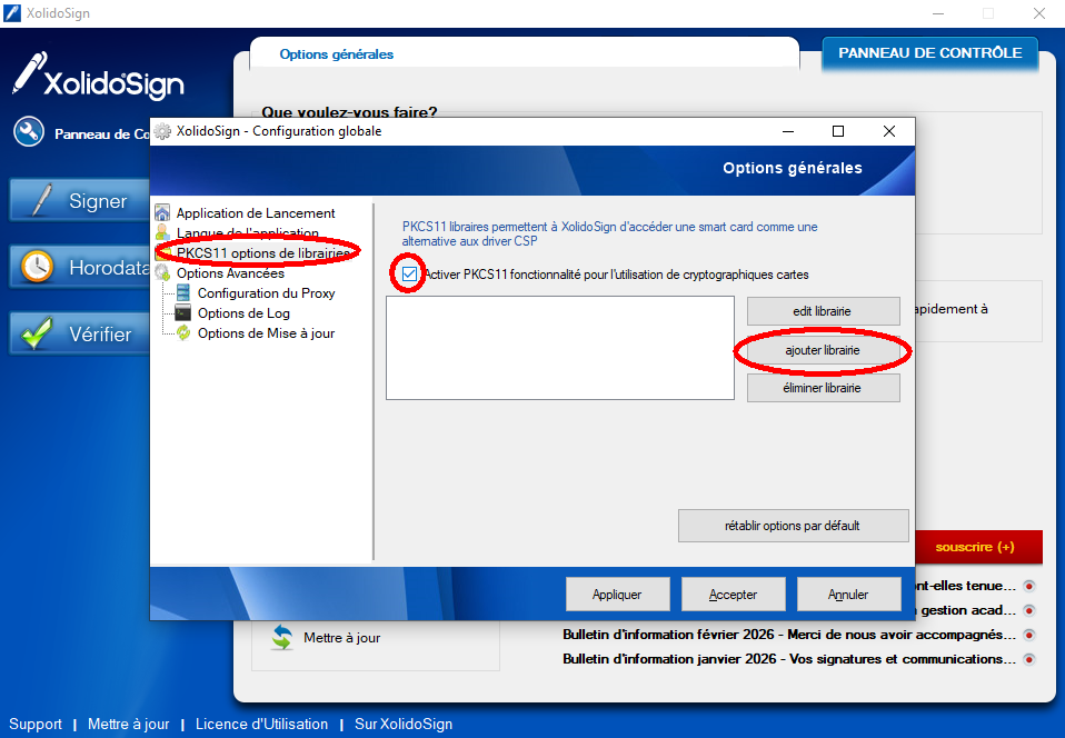 XolidoSign Desktop - Configuration globale - Options des bibliothèques PKCS11
