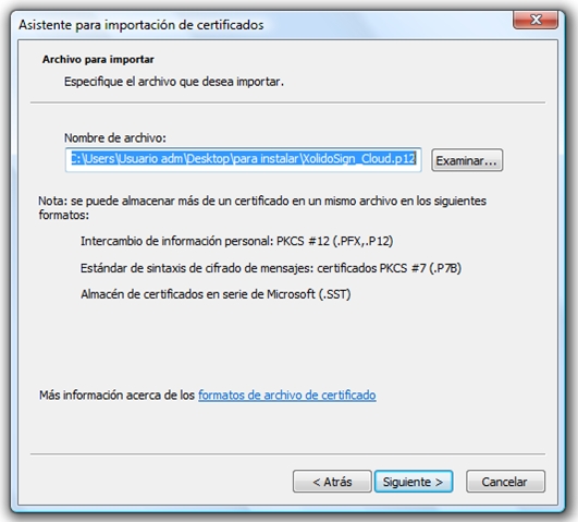 Assistant d'importation de certificats. Fichier à importer