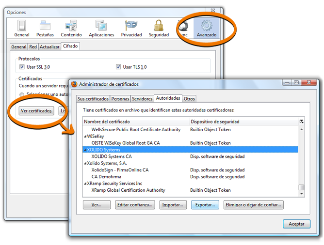 Panneau de configuration des certificats dans Firefox