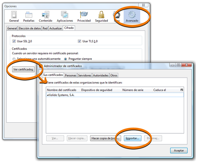 Firefox certificate configuration panel