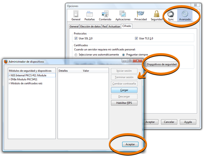 Firefox security devices configuration panel