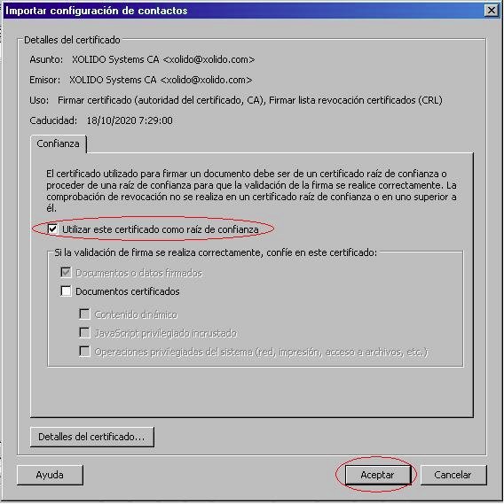 Fig. 5. Écran avec les détails du certificat et validation de l’importation